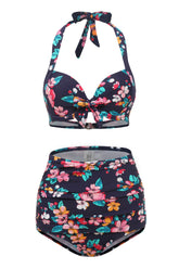 Navy Blue Printed Halter 2 Piece Swimwear